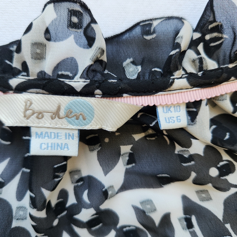 Boden Maddie Floral Top Black White Sheer Long Sleeve Ruffled Neck Tie Size 6 - Picture 4 of 16